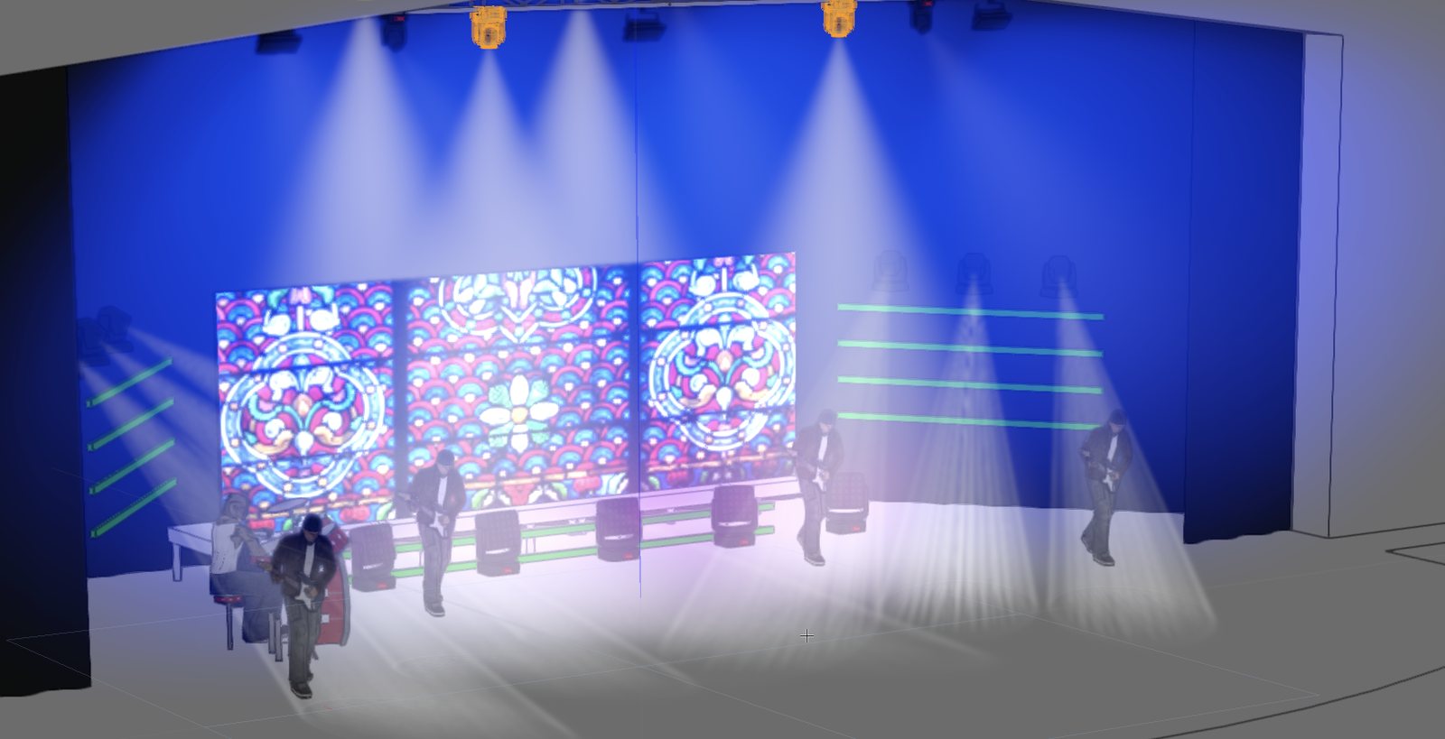 The Chapel previs render — stained glass on the LED wall